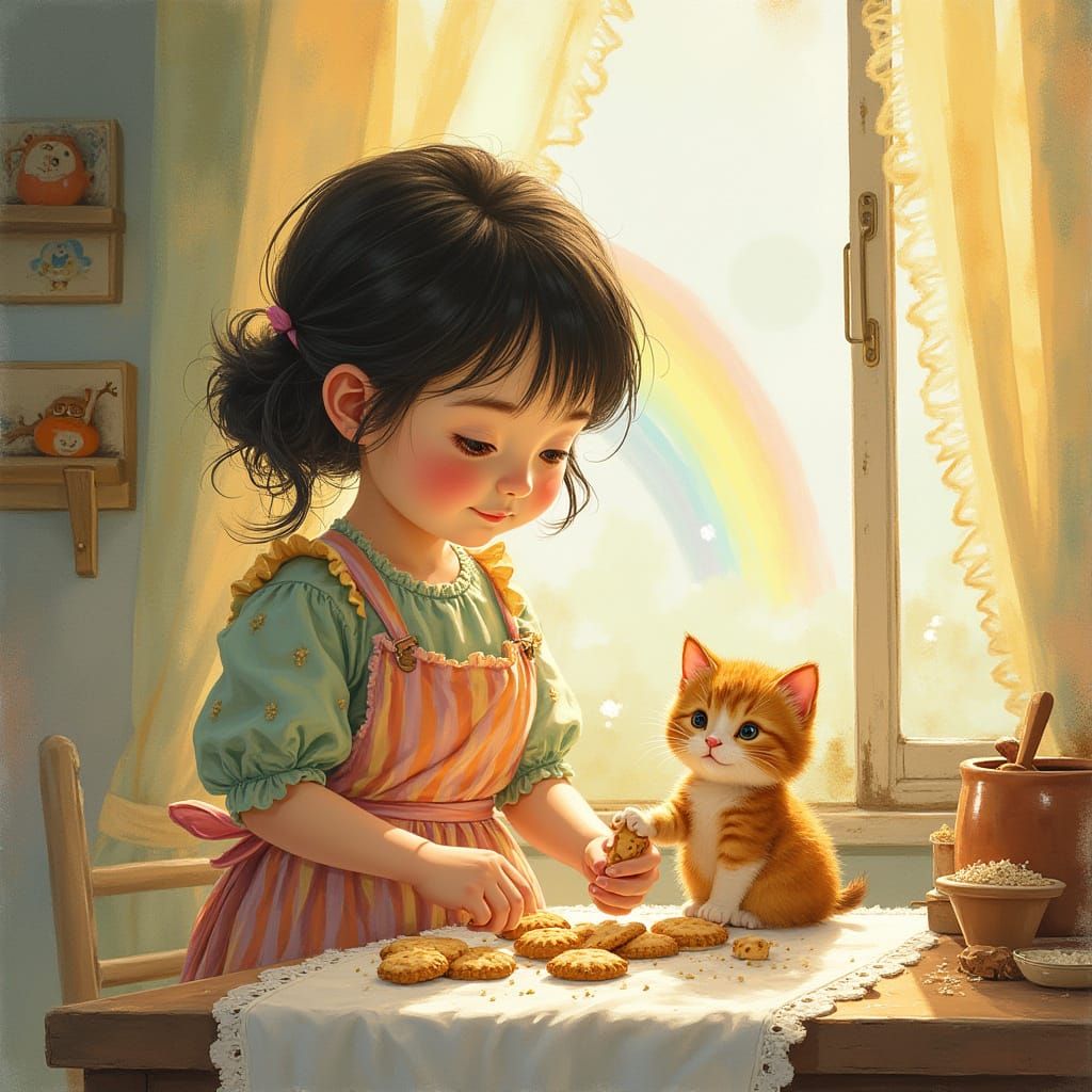 Little Girl Bakes Cookies with Playful Kitten in Whimsical W...
