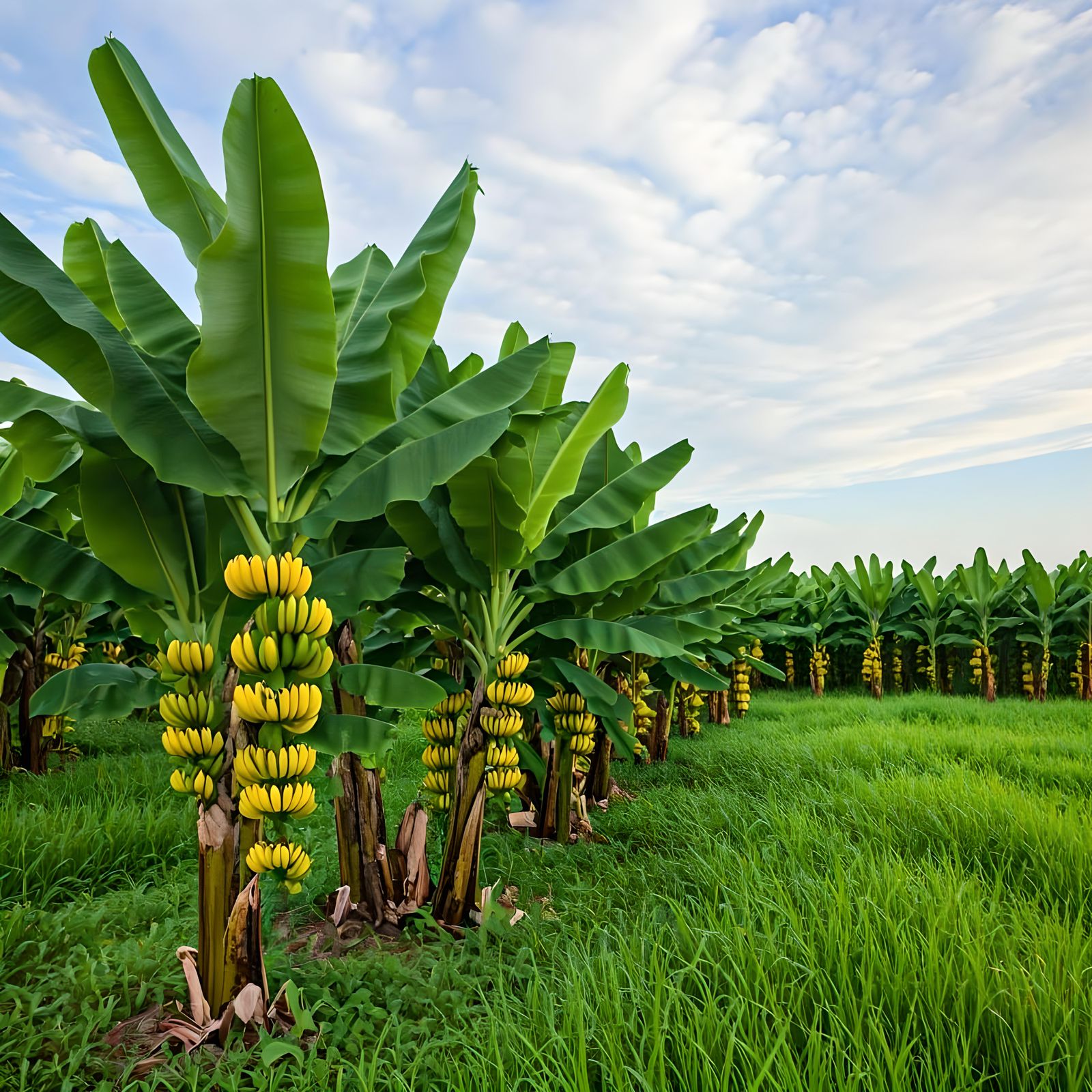 Lush Banana Tree Farm Under Cloudy Sky