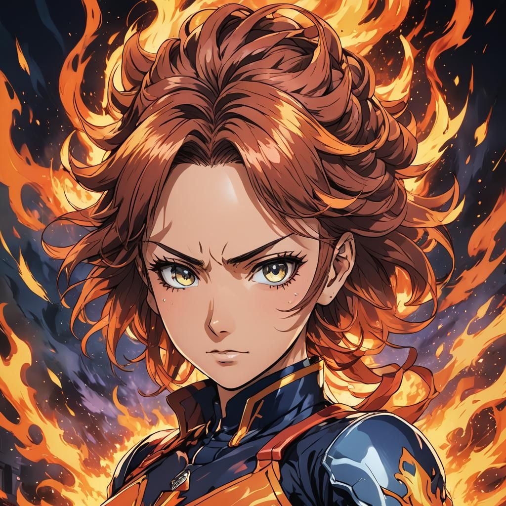 Heroic Anime Character with Fiery Background