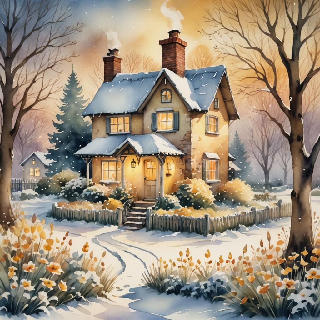 Whimsical Winter Cottage in Watercolor