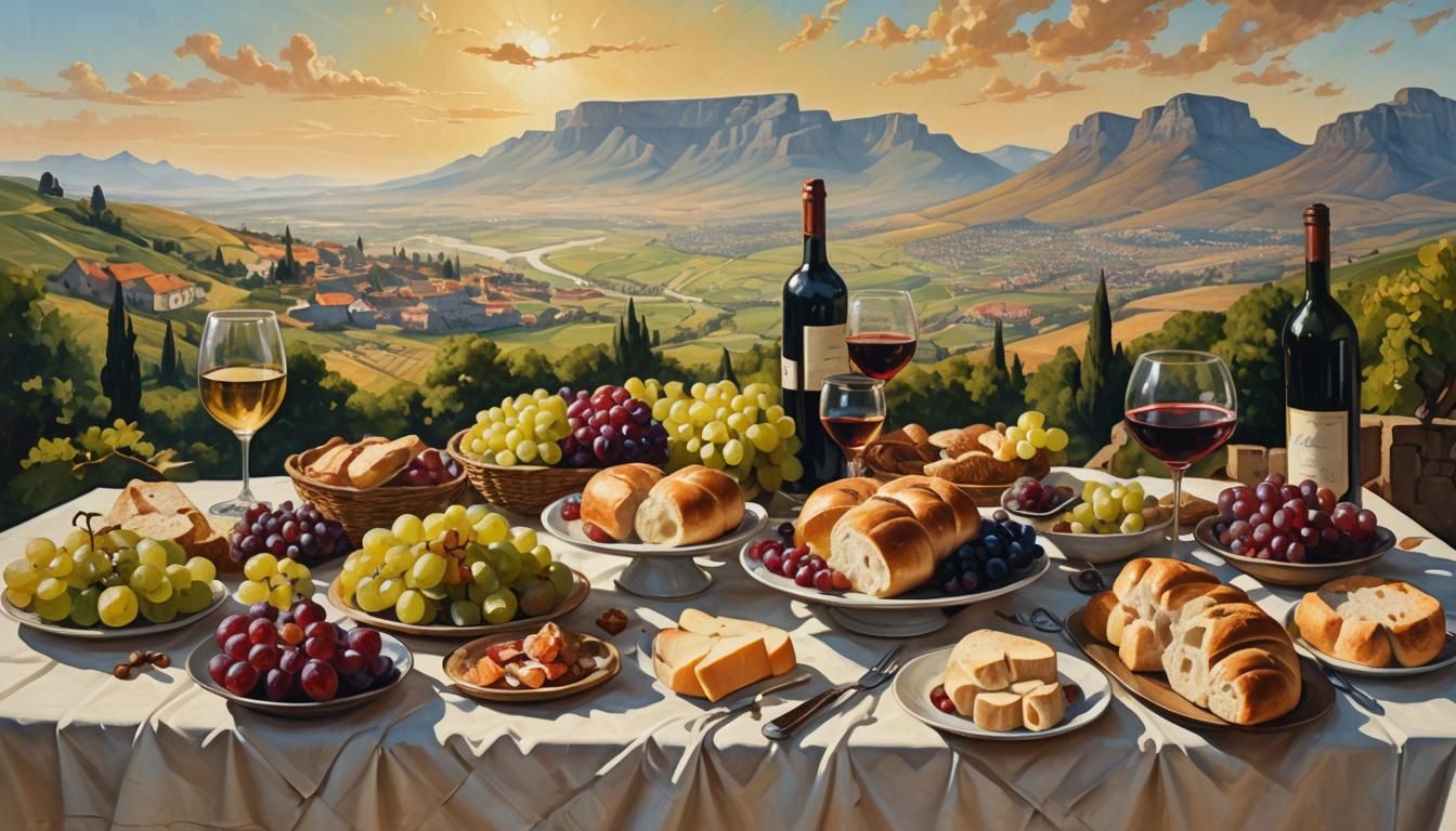 Giant Picnic on Table Mountain in Oil Painting Style