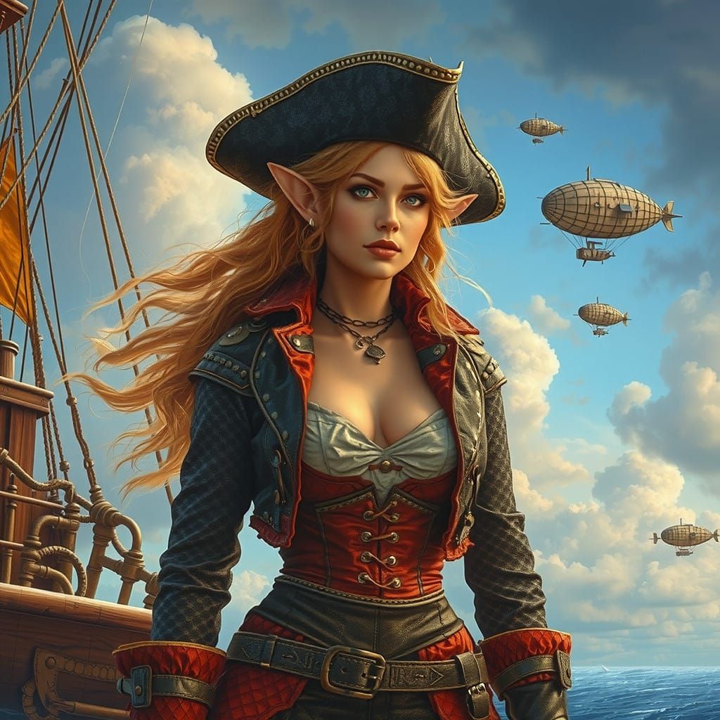 Epic Airship Fantasy with Elf Punk Woman