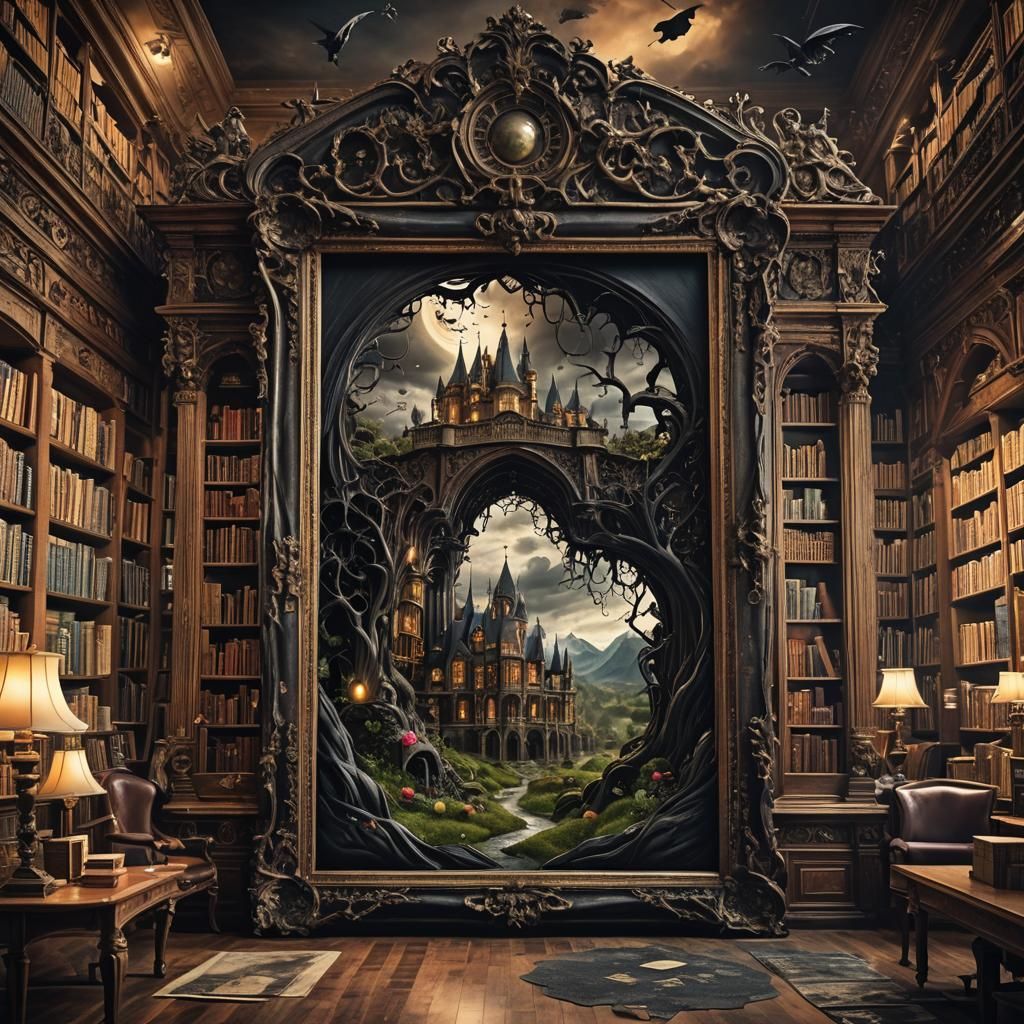 Gothic Fairytale Landscape Emerging from Library Frame
