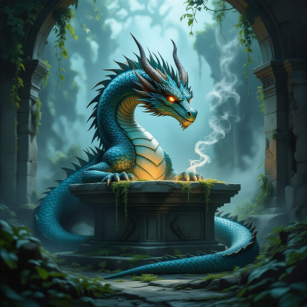 Majestic Dragon in Misty Ruins: Fantasy Concept Art