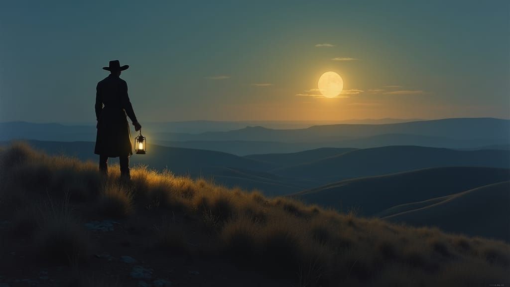 Moonlit Texan Landscape with Rancher Silhouette