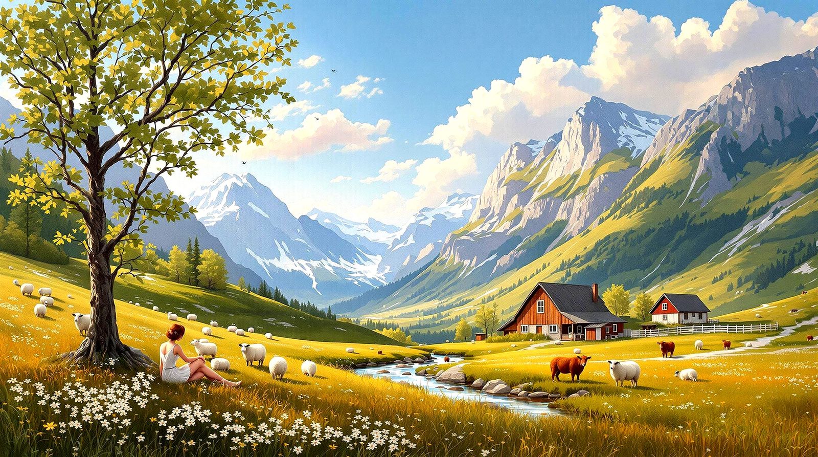 A graceful young woman of striking presence is seated beneat...