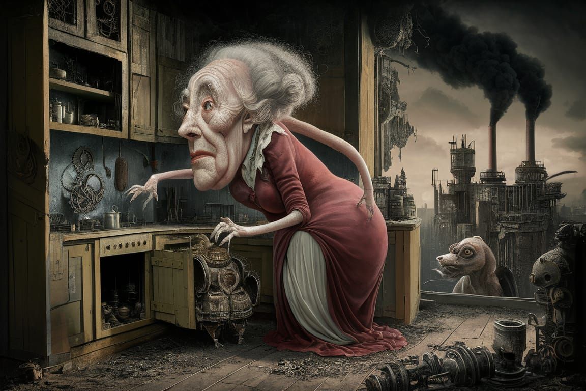 Grotesque Dieselpunk Mother Hubbard in Abandoned Steampunk K...