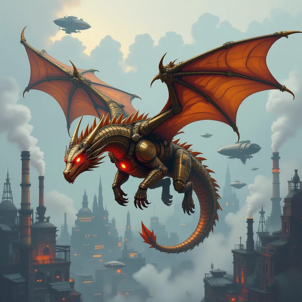 Steampunk Dragon Over Cyberpunk Industrial City