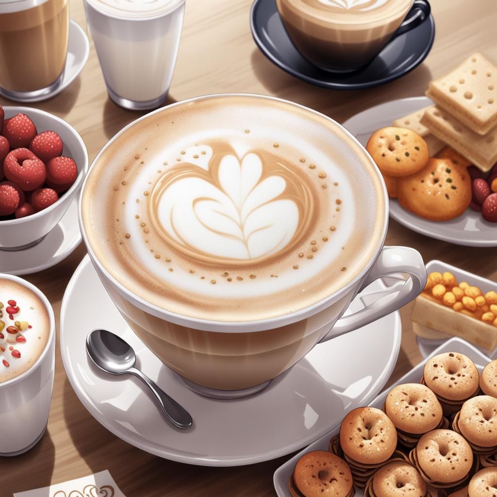 Anime Style Latte with Snacks Still Life