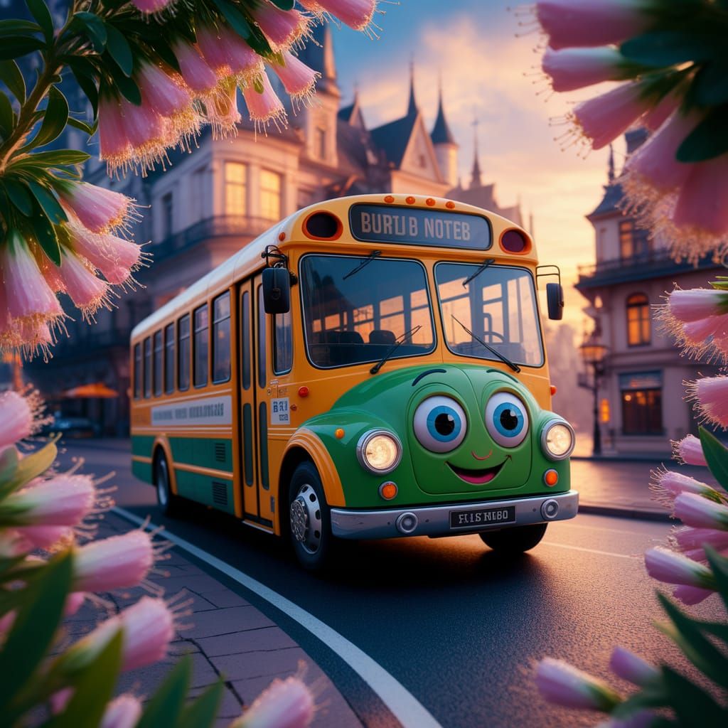a bus shaped like pop-eyed caterpillar, cute big blue eyes, ...
