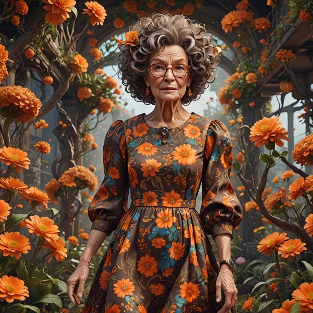 Elderly Woman in Floral Dress: Detailed Matte Painting