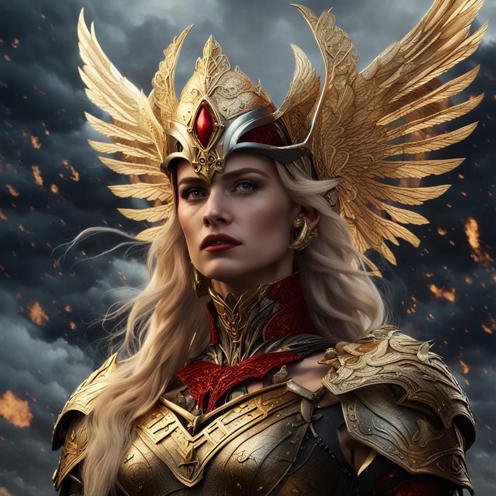 Goddess in Gold Armor with Winged Helmet