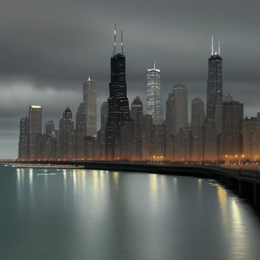 Chicago Skyline in Black and White Watercolor