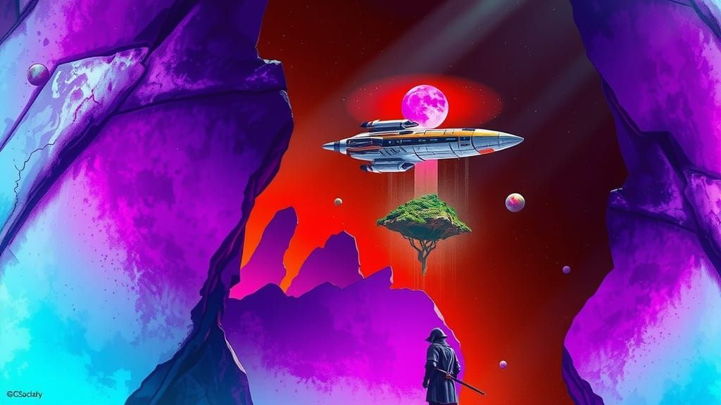 Samurai on Alien World Gazes at Art Deco Spaceship