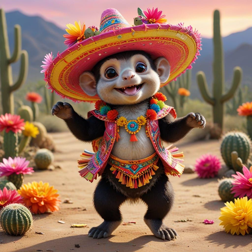 A dancing monkey wearing sombreros