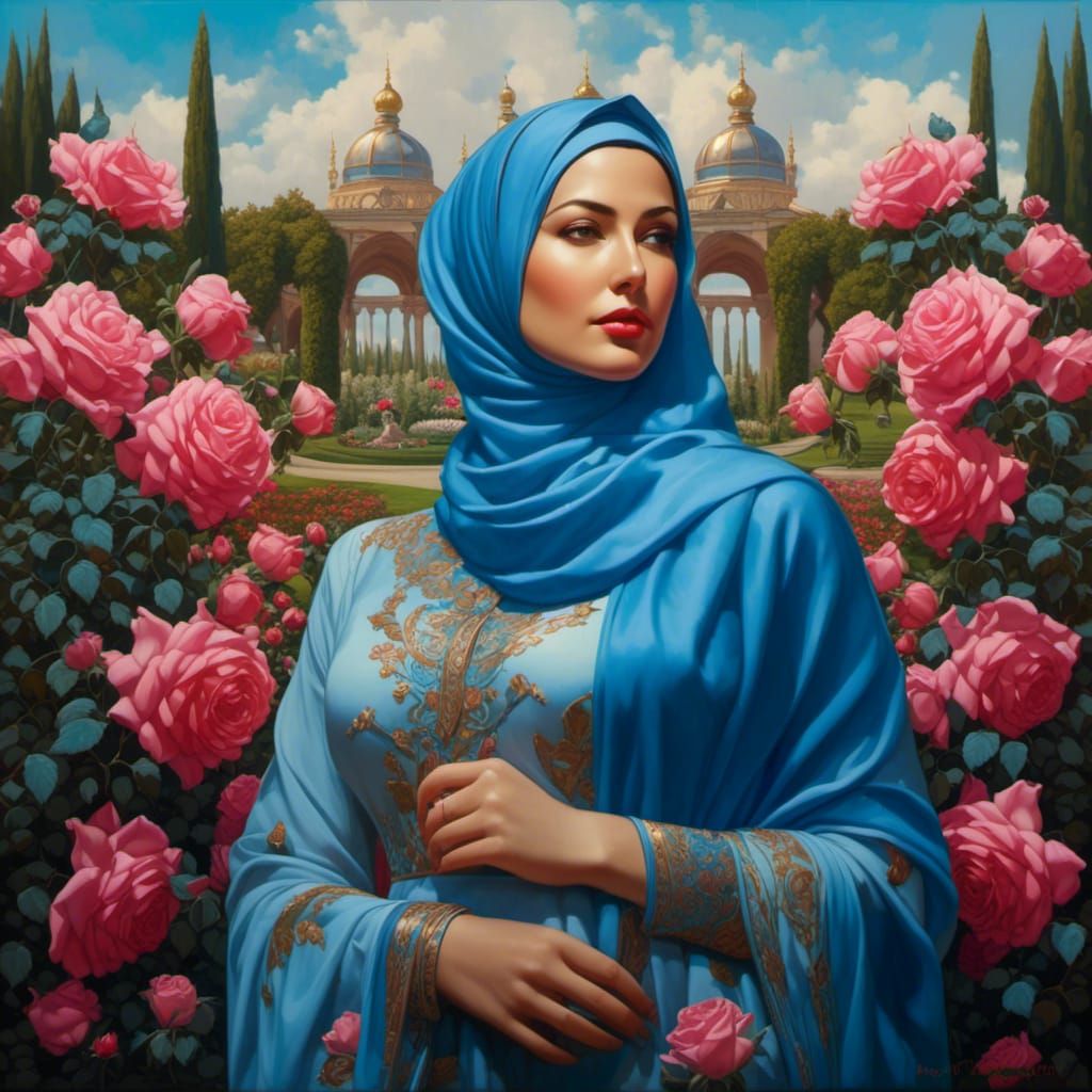 Woman in Hijab in Rose Garden Oil Painting
