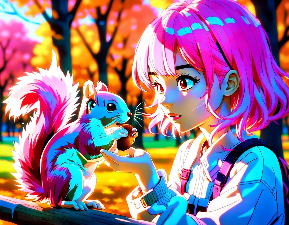 An pink neon haired anime girl feeding a squirrel in a park ...