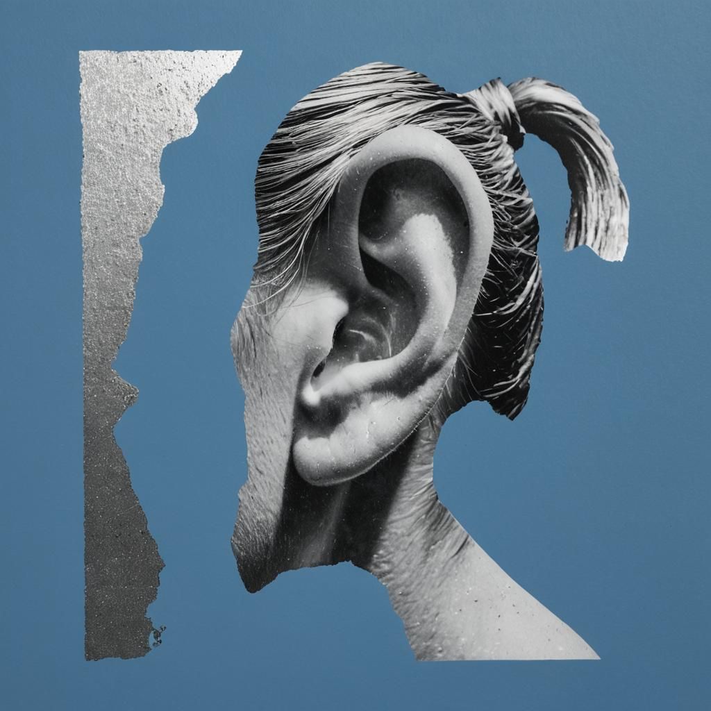 Halftone Ear Collage on Blue Background