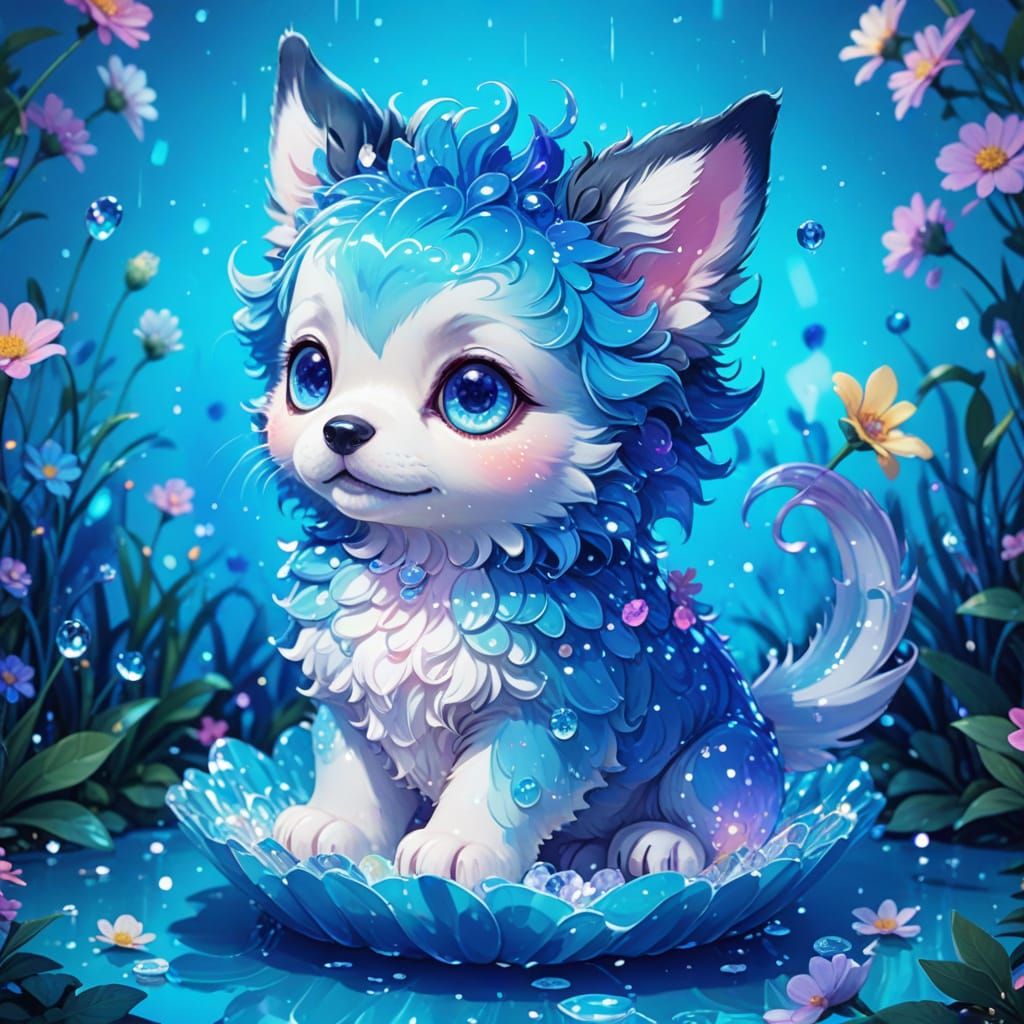 Whimsical Anime Puppy Plays in Vibrant Flowerbed