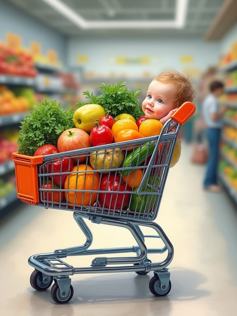 Vibrant Grocery Store Scene with Baby Peek-a-Boo