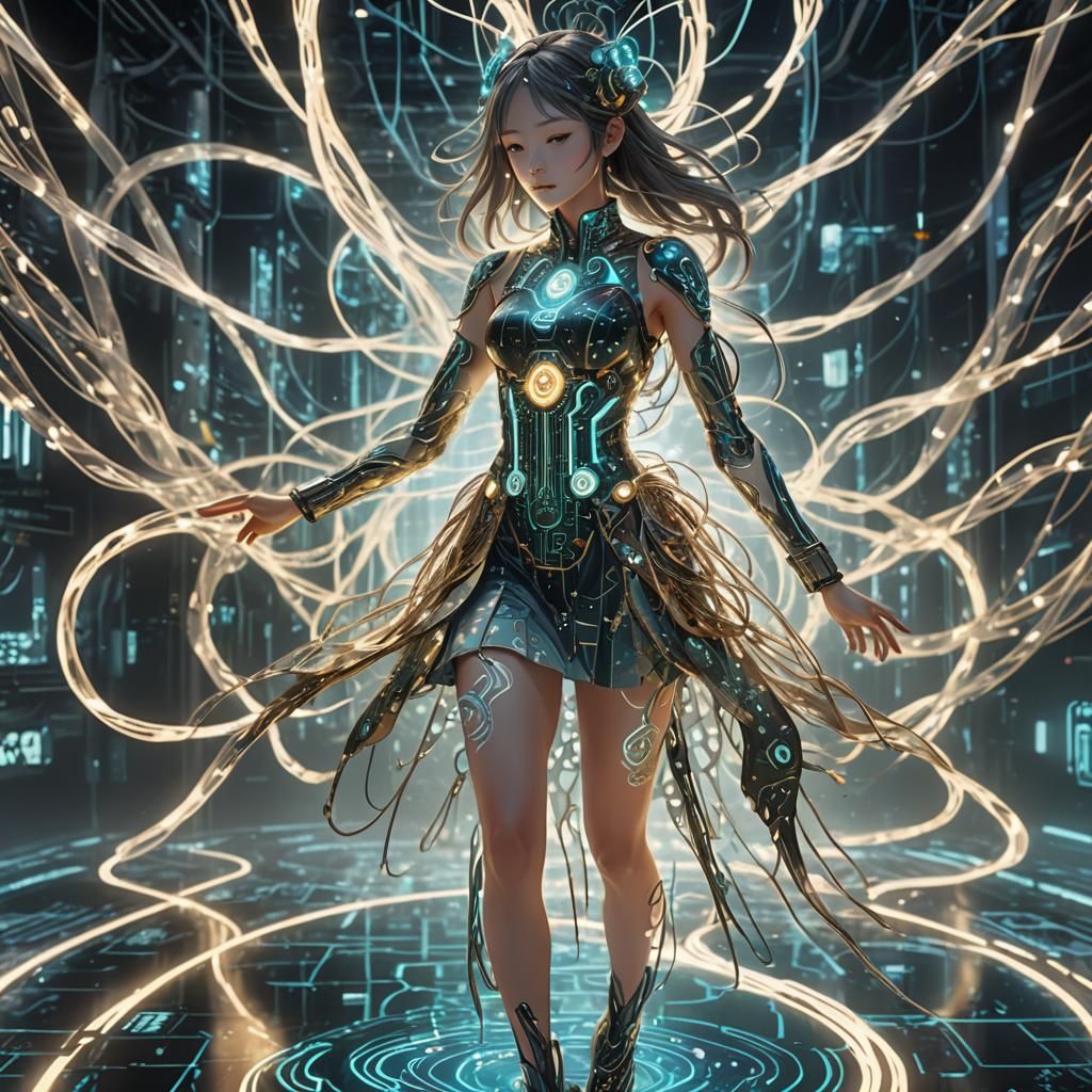 Girl in Circuit Board Dress in Digital Realm