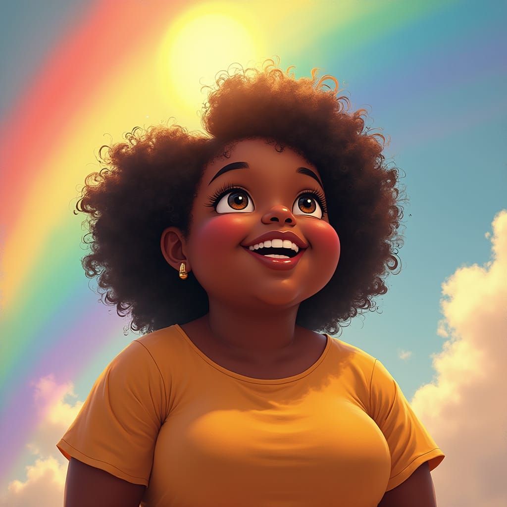 Vibrant Black Teen Girl Gazing at Rainbow in Sky