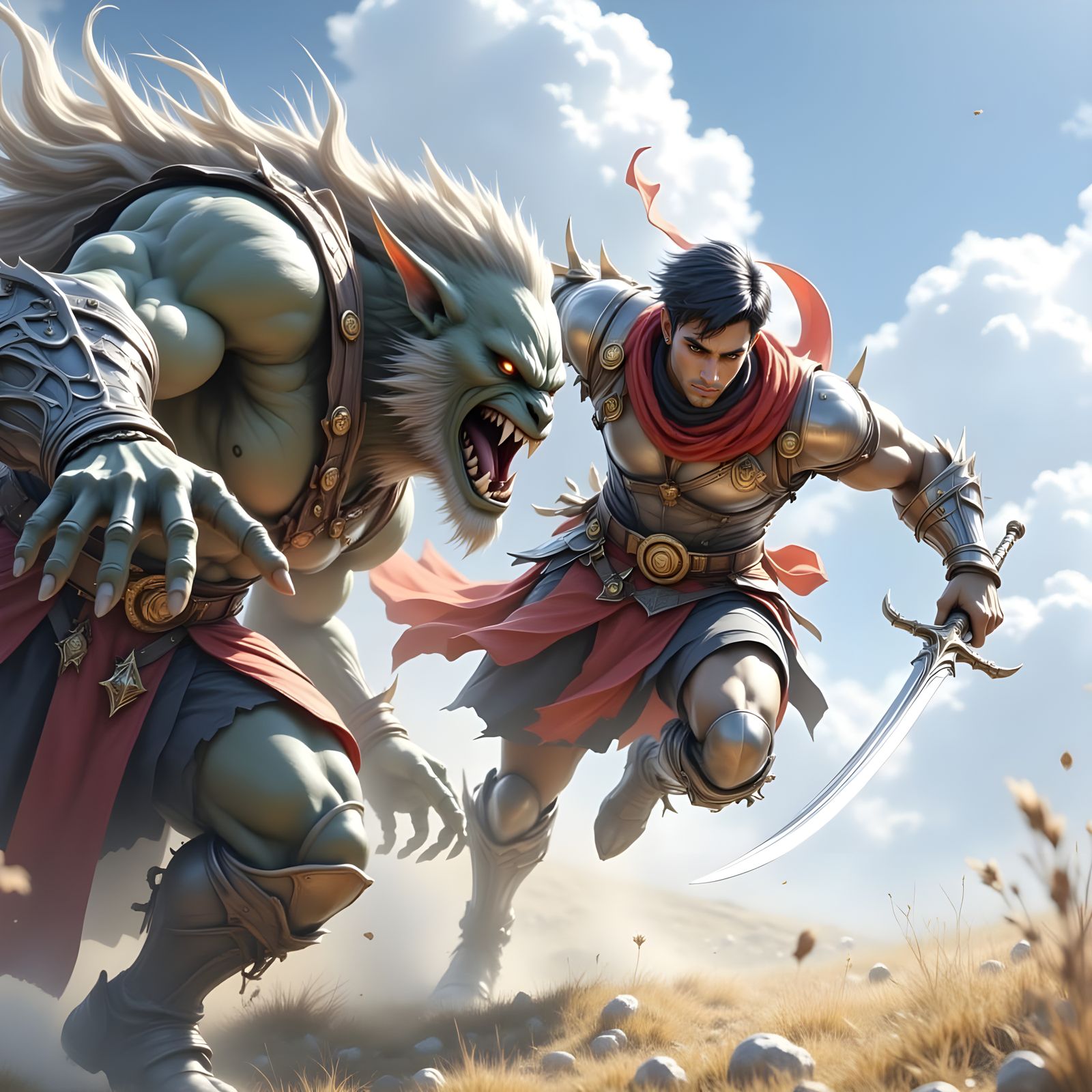 Valiant Warrior in Vibrant Armor Battles a Fearsome Troll