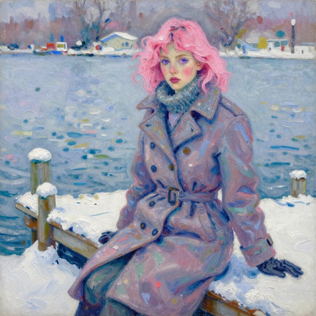 Pink Haired Woman on Snowy Dock in Watercolor Style