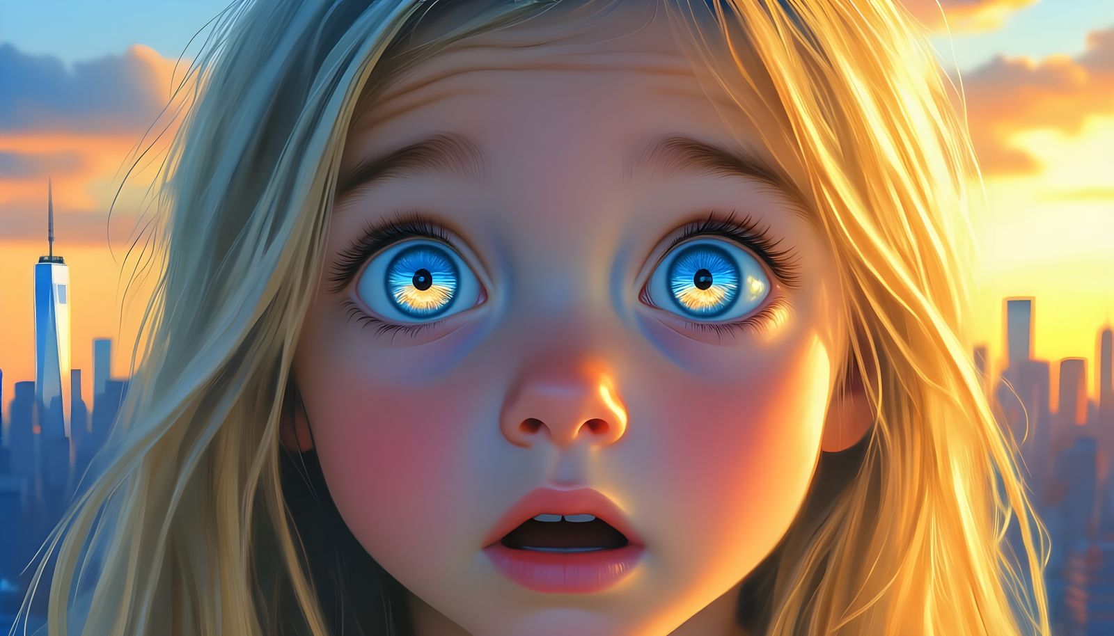 Girl's Eye Reflecting New York Skyline at Sunset