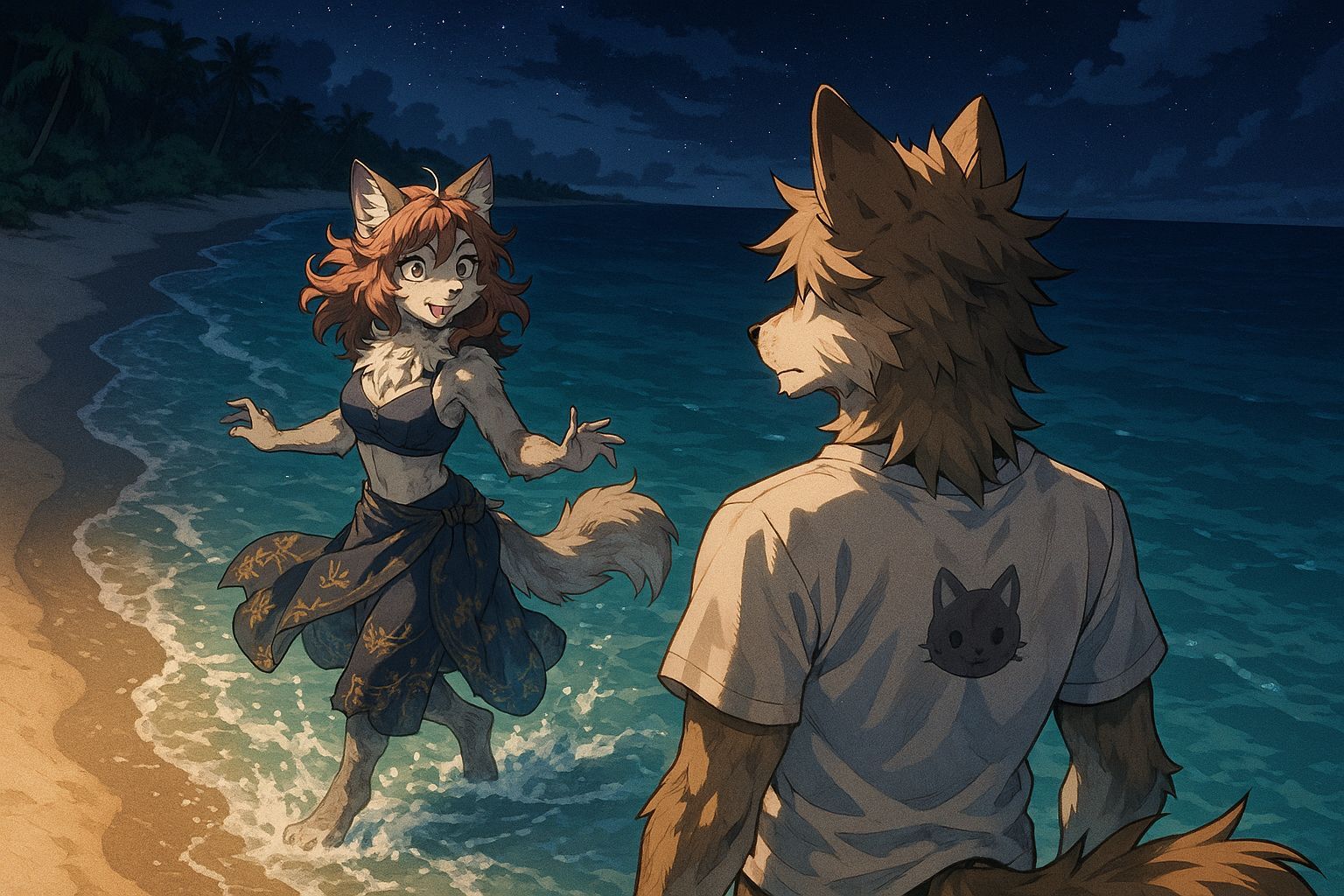 Anime Beach Frolic: Anthropomorphic Cat and Wolf Romance