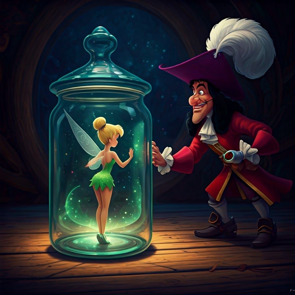 Tinker Bell trapped in empty glass jar with a lid. Captain Hook looks at her