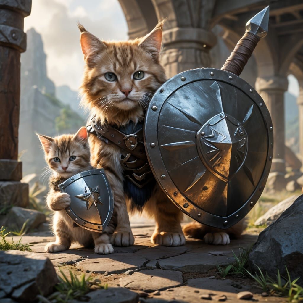Giant Barbarian Shields Kitten in Tribal Training