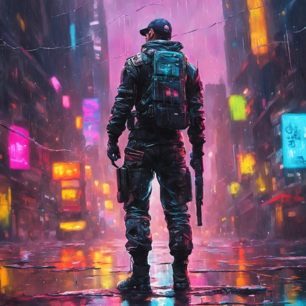 Cyberpunk Soldier in Rainy Neon Cityscape