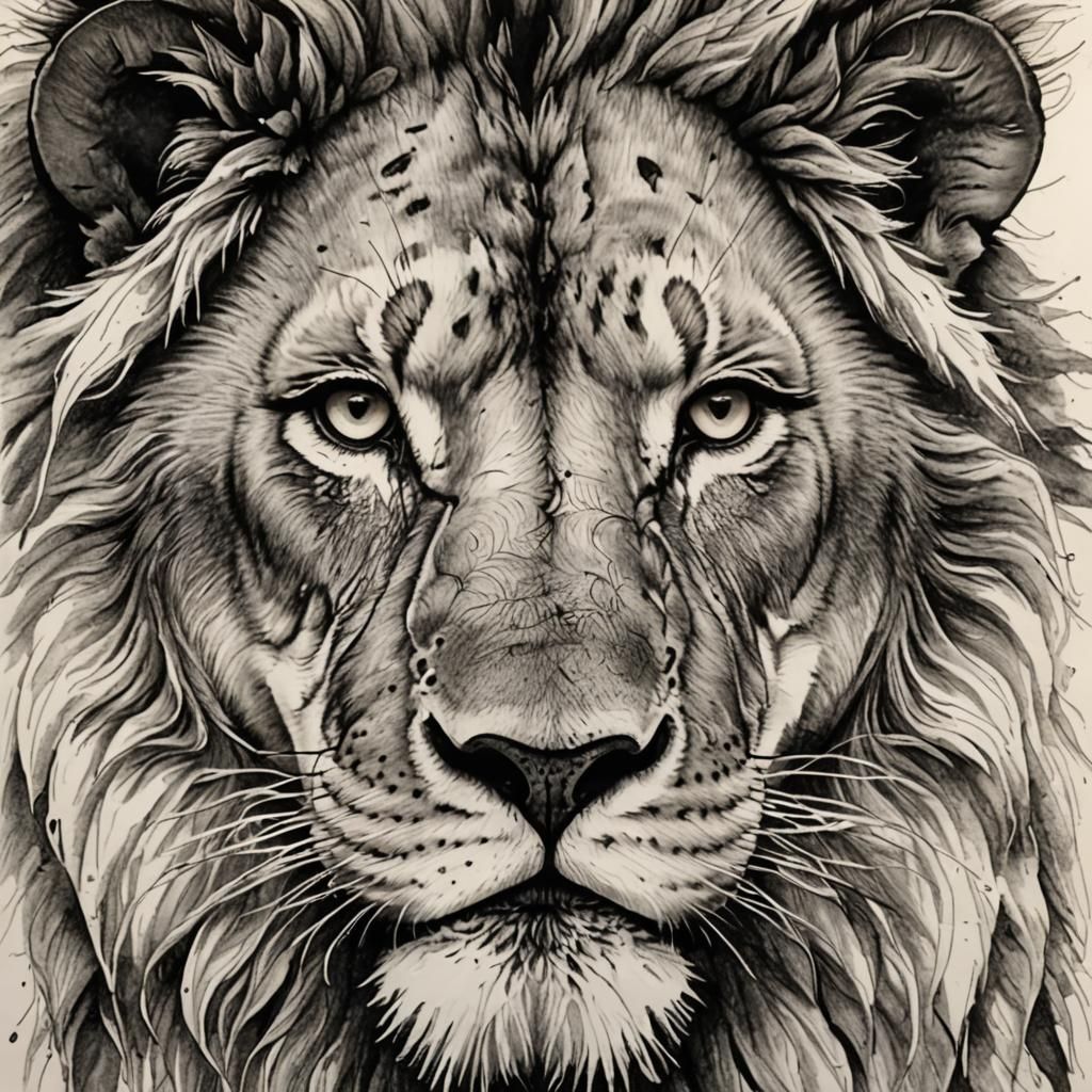 Detailed Pen and Ink Lion Face Sketch
