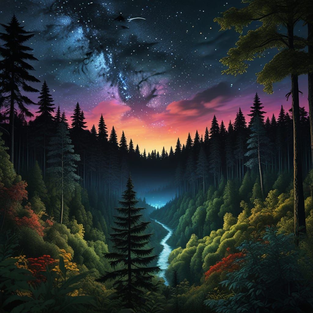 Ravens Soar Over Forest in Albrecht Dürer Woodcut Style