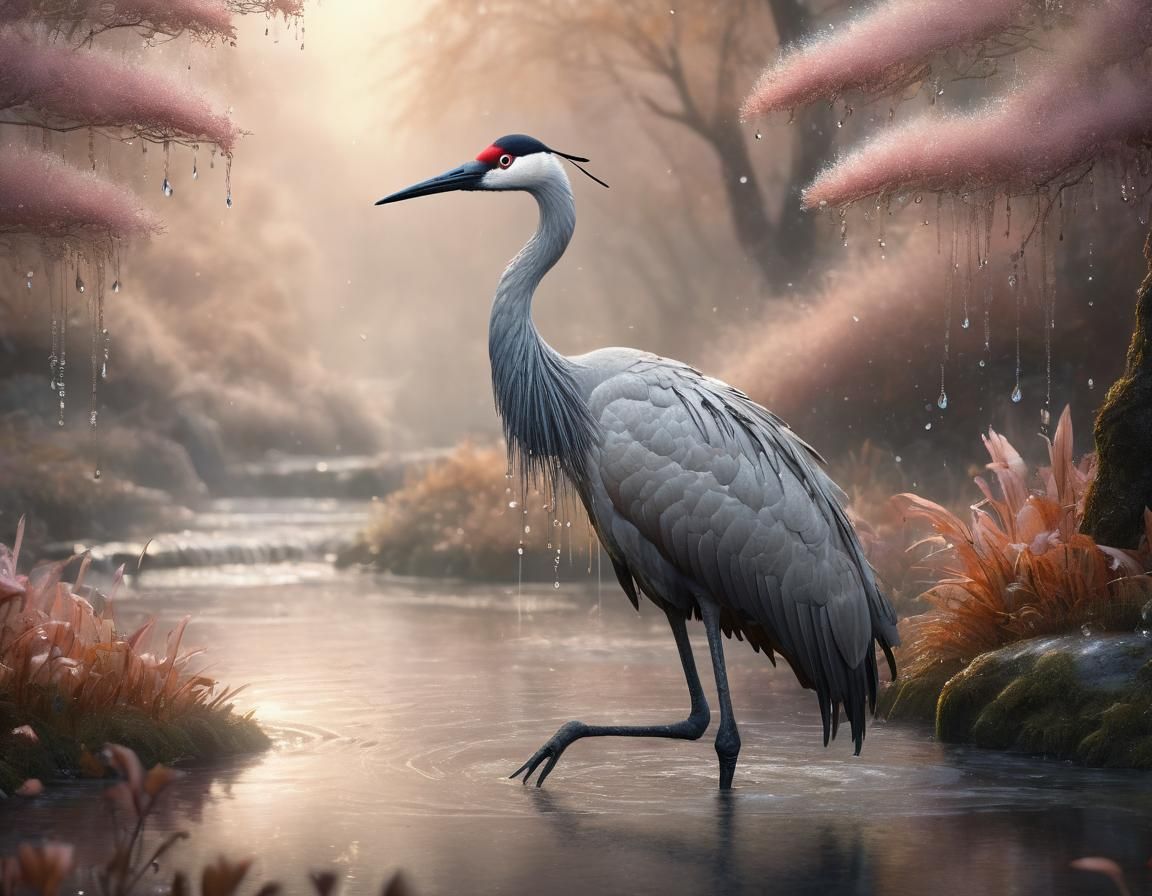 Crane in Blossom Forest with Dew Drops