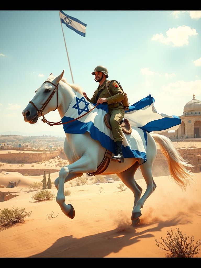 Israeli Soldier on White Horse Wrapped in Flag in Desert Lan...