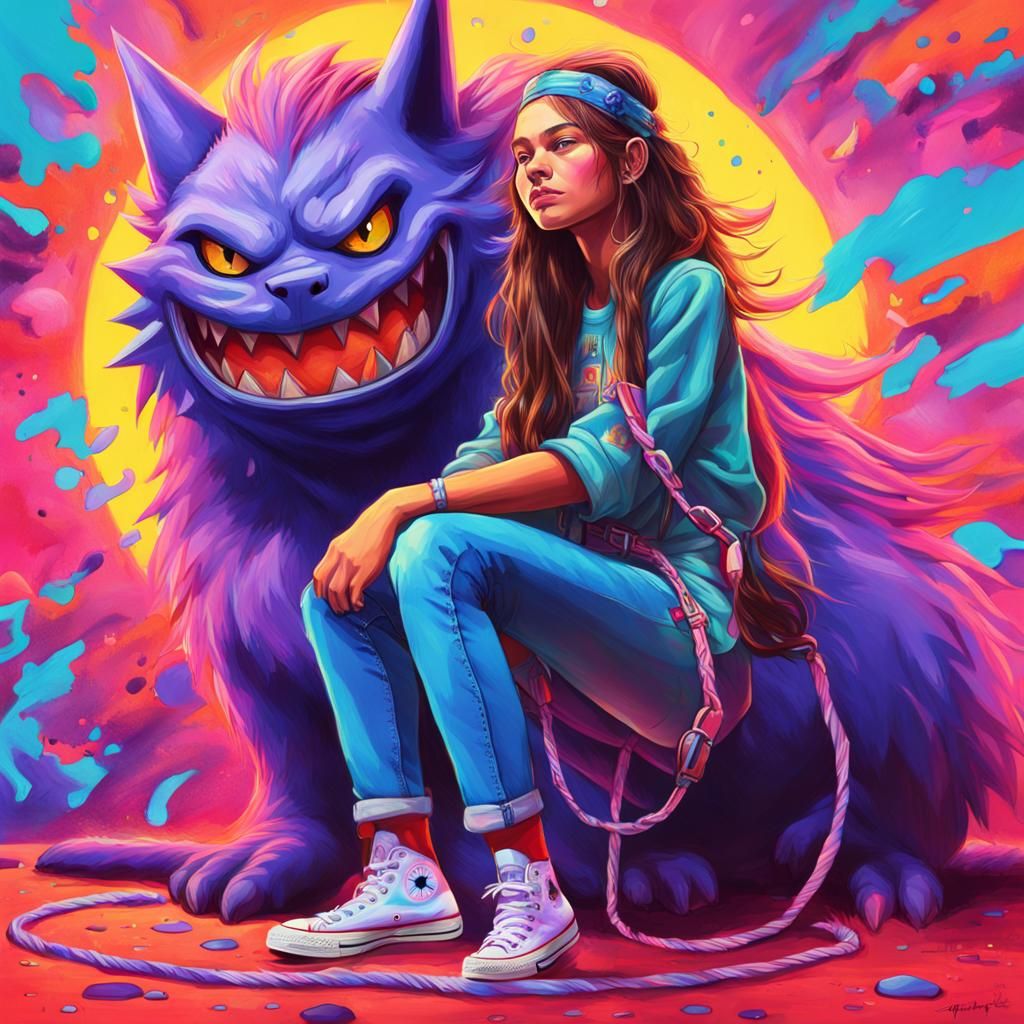 Woman Walking Gengar Pet in Neon Colors