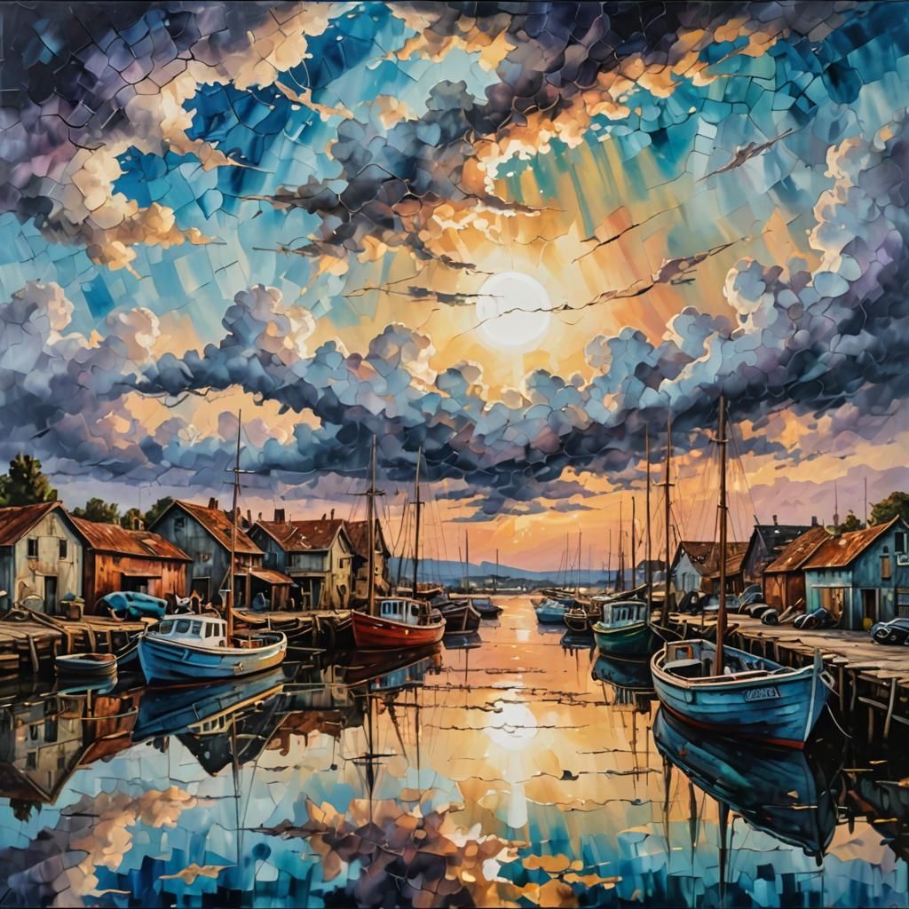 Seaside Town Reflected in Iridescent Clouds