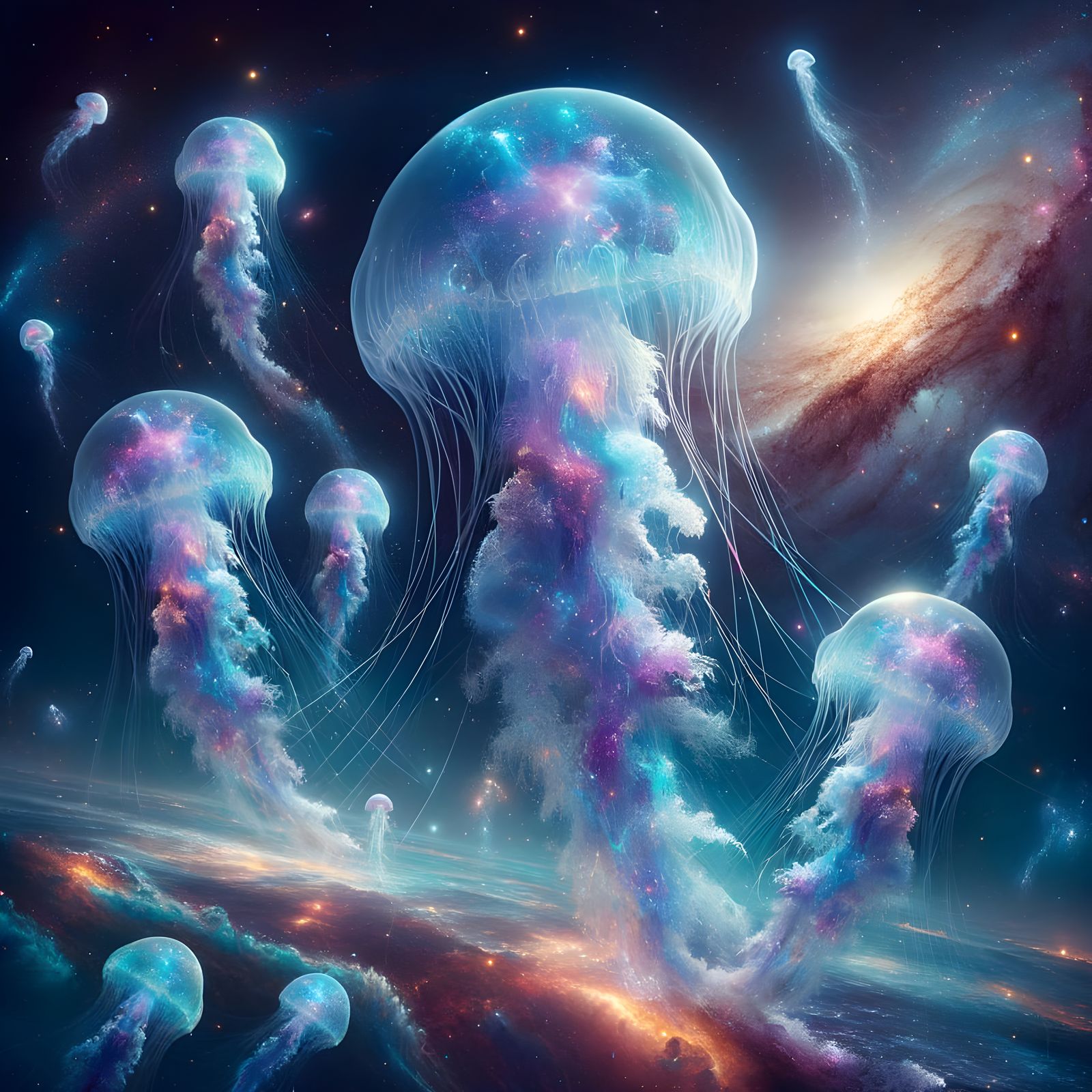 Bioluminescent Jellyfish Dance in Cosmic Space