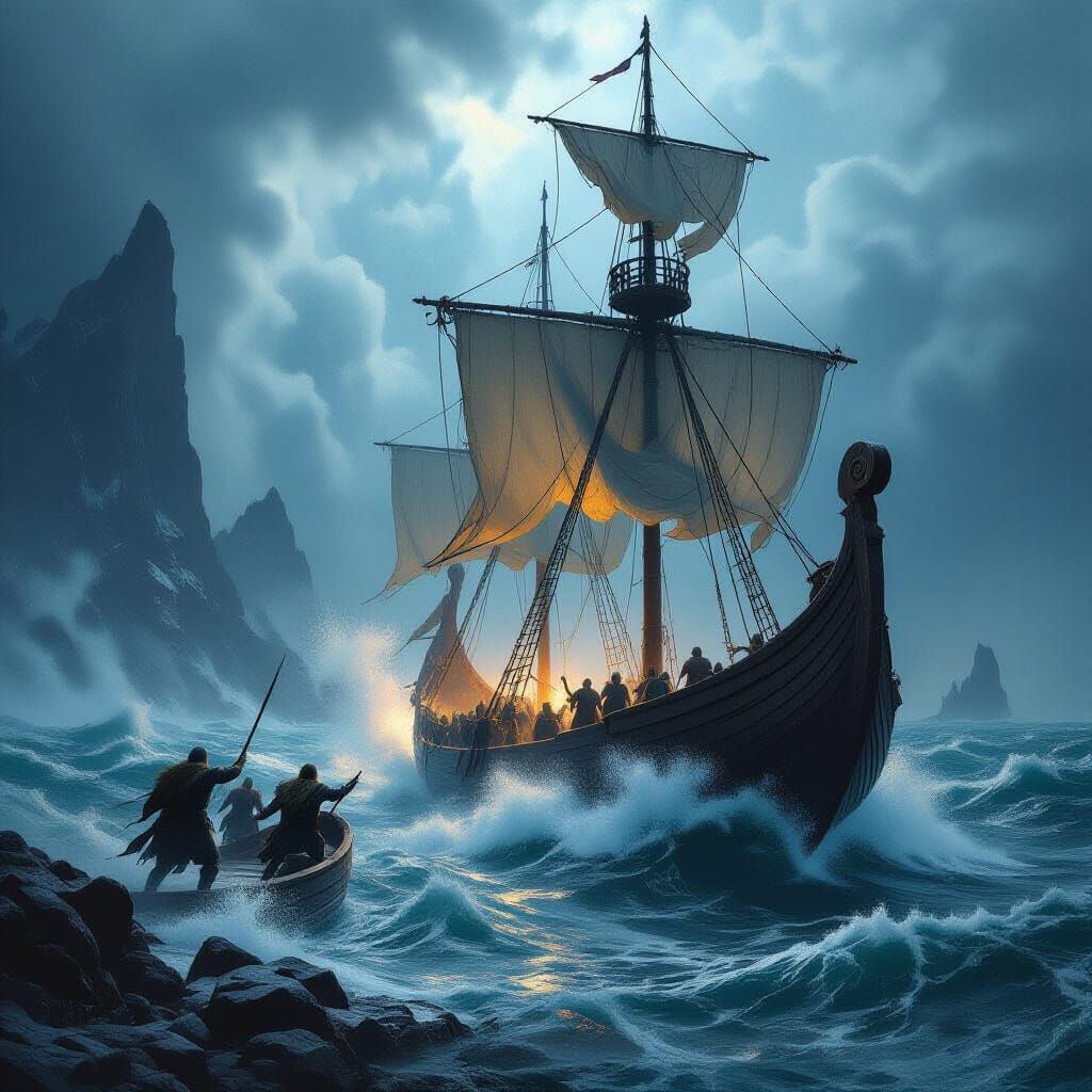 Viking Longship Battles Kraken in Norse Art Style