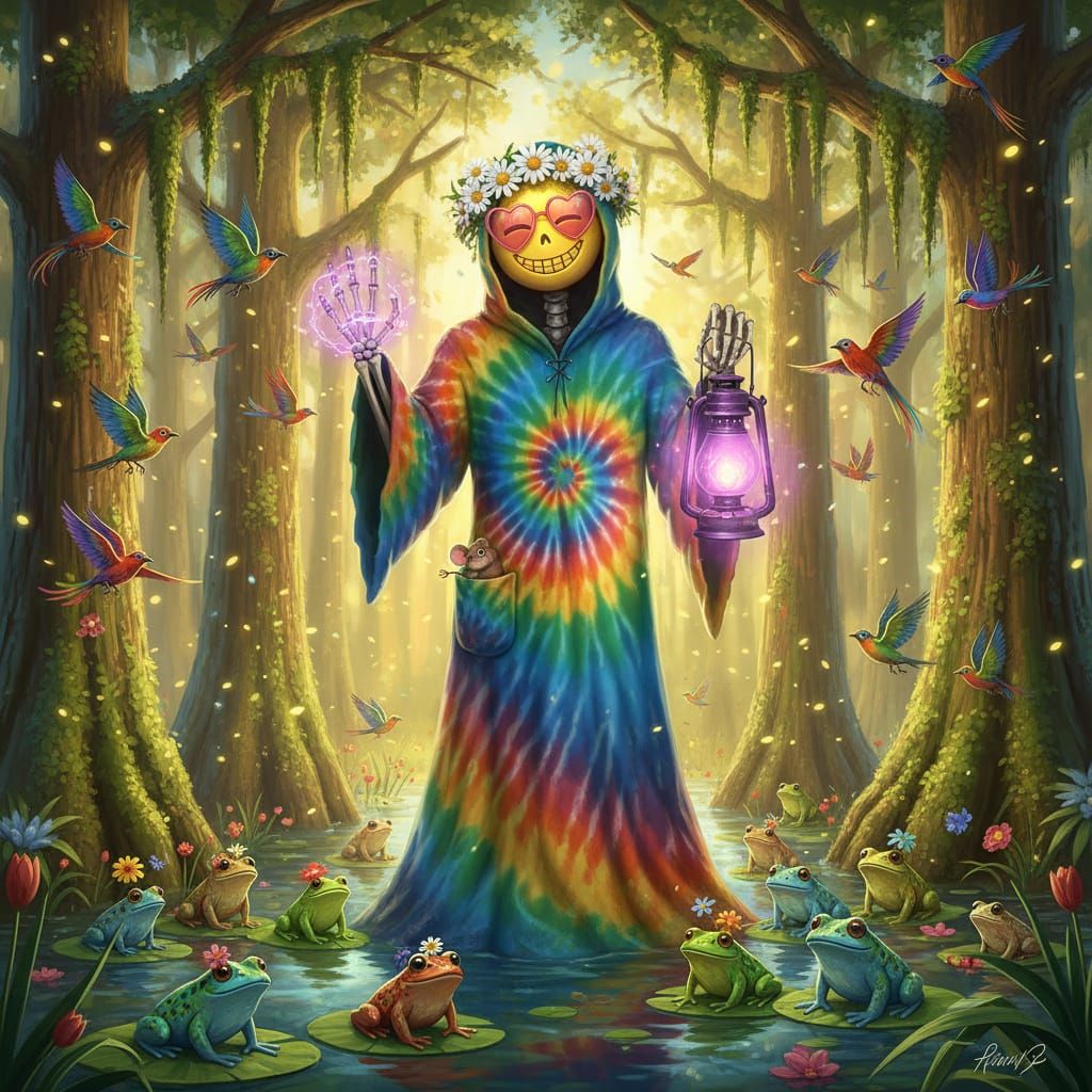 Whimsical Swamp Scene: Grim Reaper with Smiley Face and Dais...