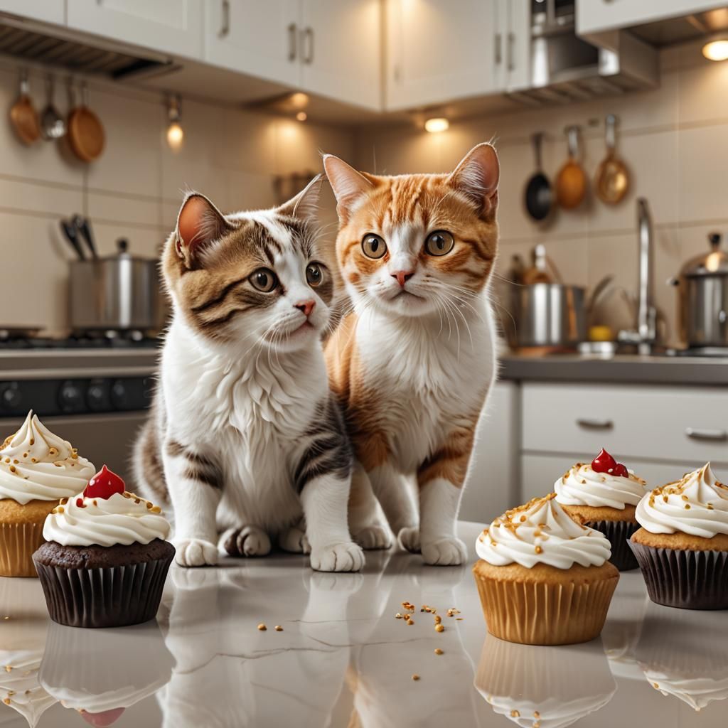 Cat Sniffs Puppy Cupcake: Hyperrealistic Digital Art