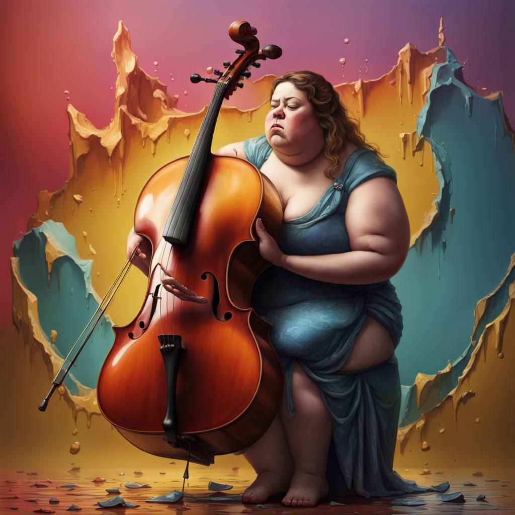 Woman Cries on Broken Cello: Hyperrealistic Splash Art