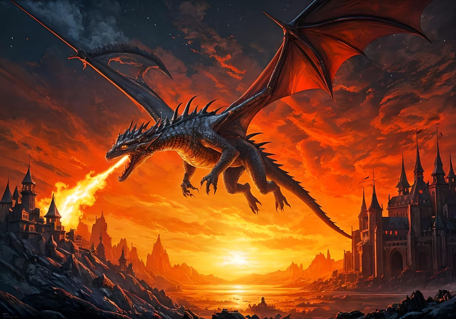 a dragon flying he has sharp points on his back and big eyes...