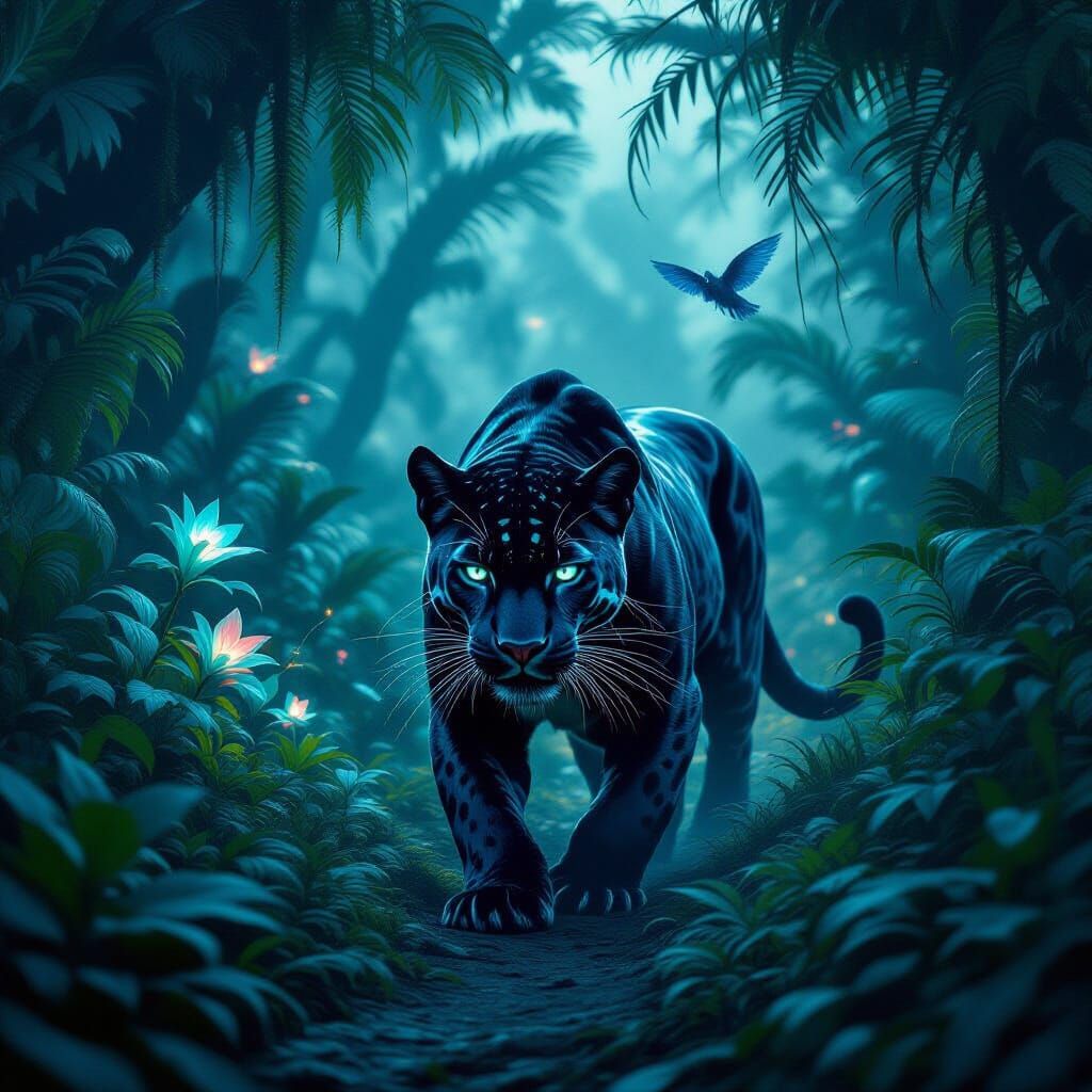 Bioluminescent Panther in Alien Jungle Twilight