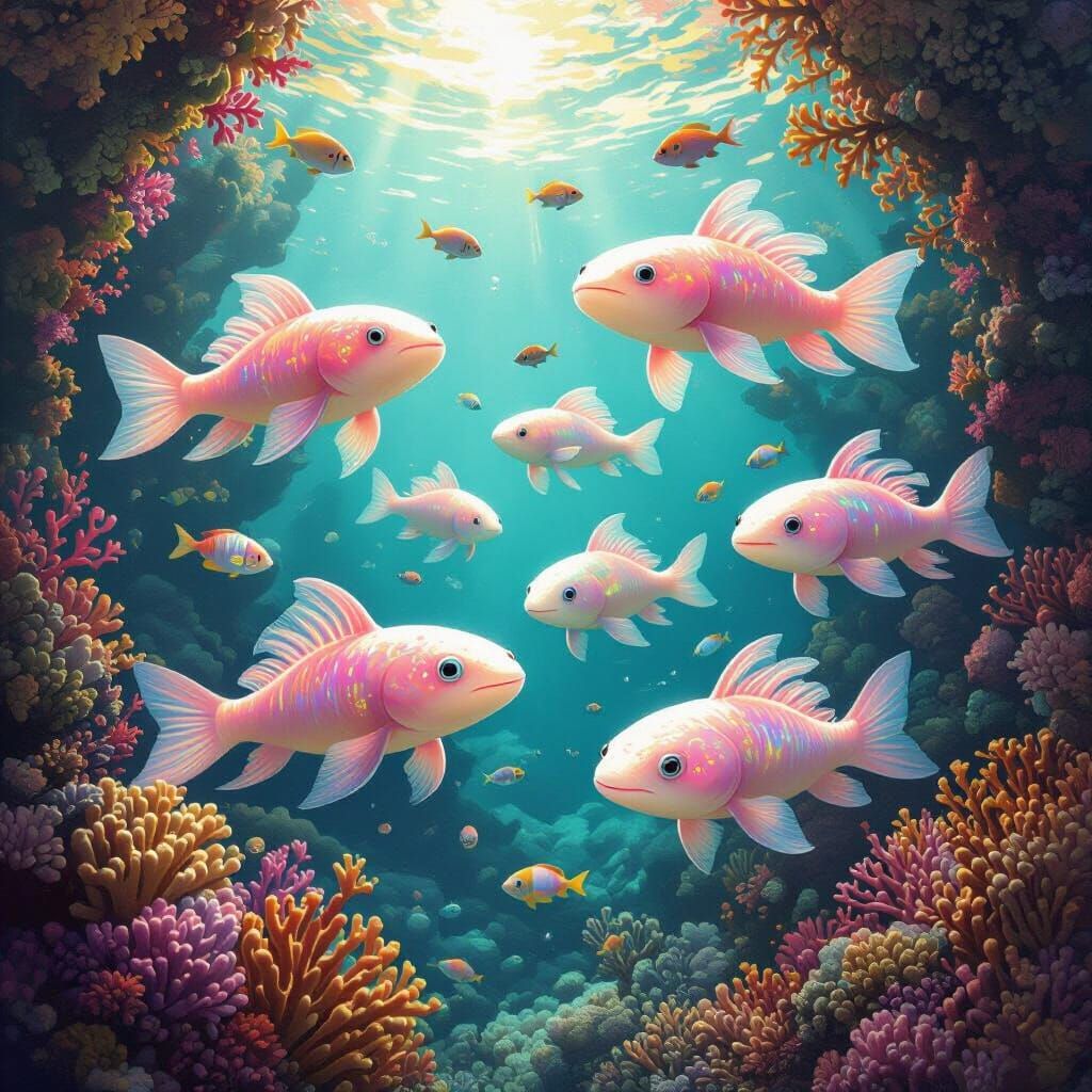 Bioluminescent Axolotls in a Coral Reef City