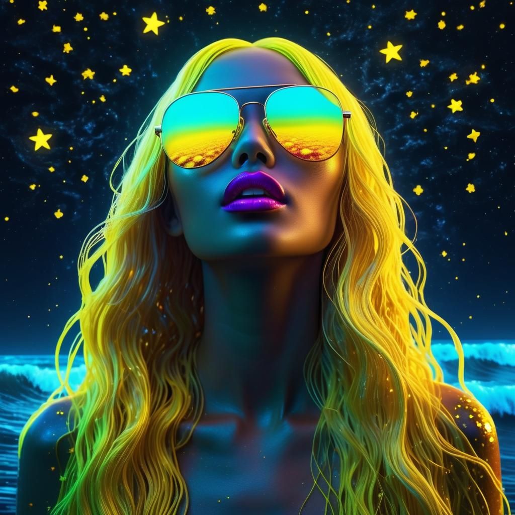 Cosmic Woman with Neon Details in Surreal Ocean Portal