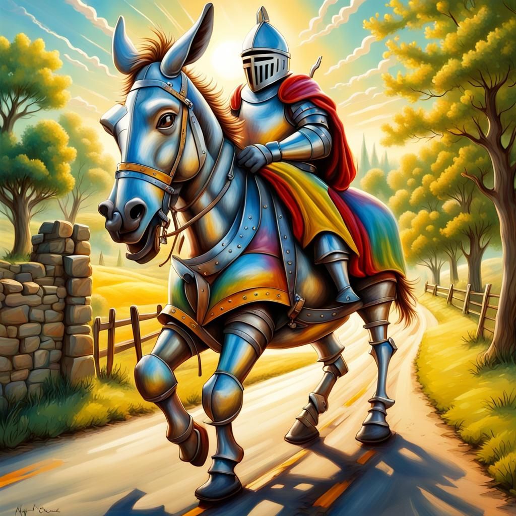 Whimsical Knight Pulling Donkey on Dusty Road