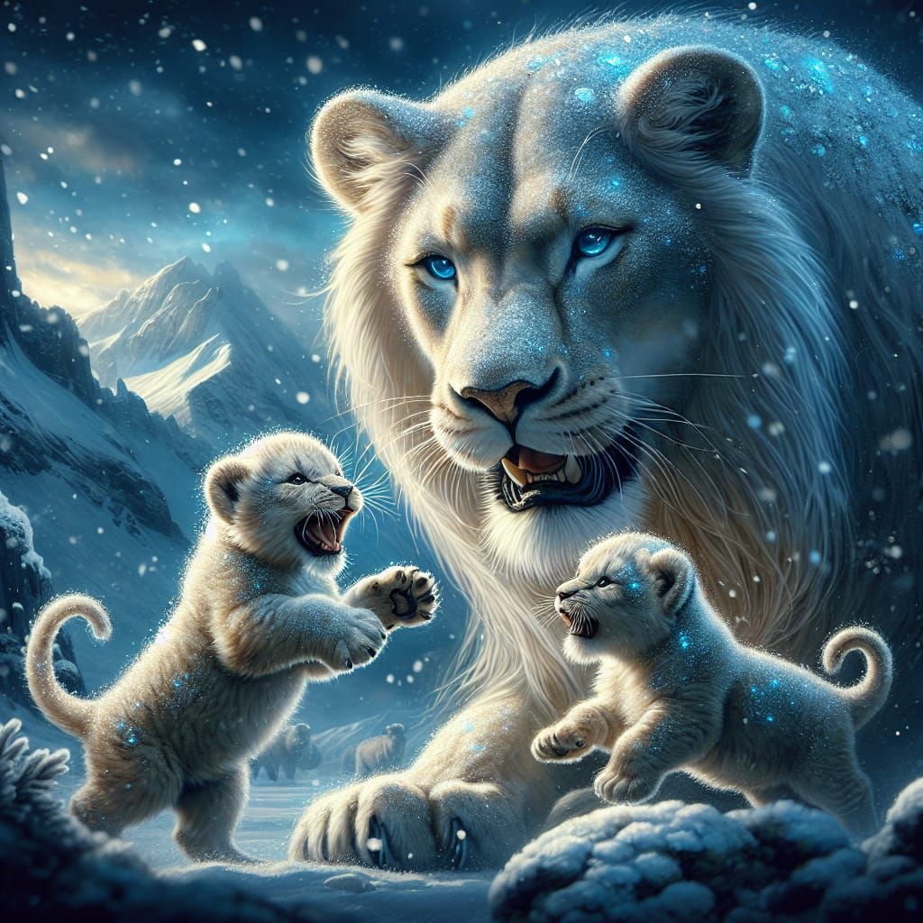 Snow Lioness with Gemstone Cubs: Digital Matte Painting